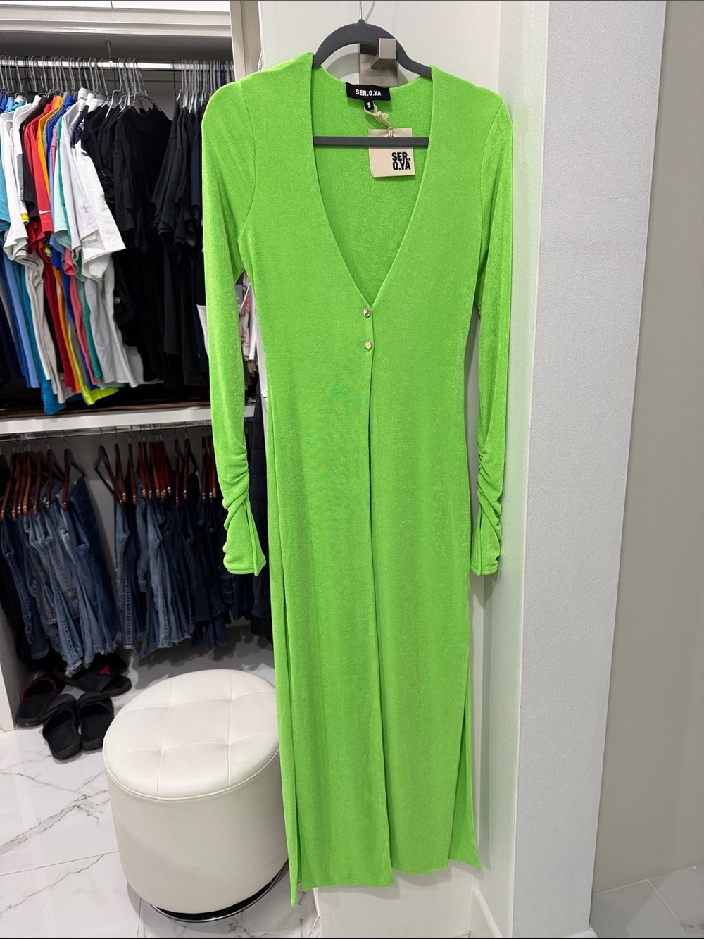 SER.O.YA Bright Green Long Sleeve V-Neck Maxi Dress